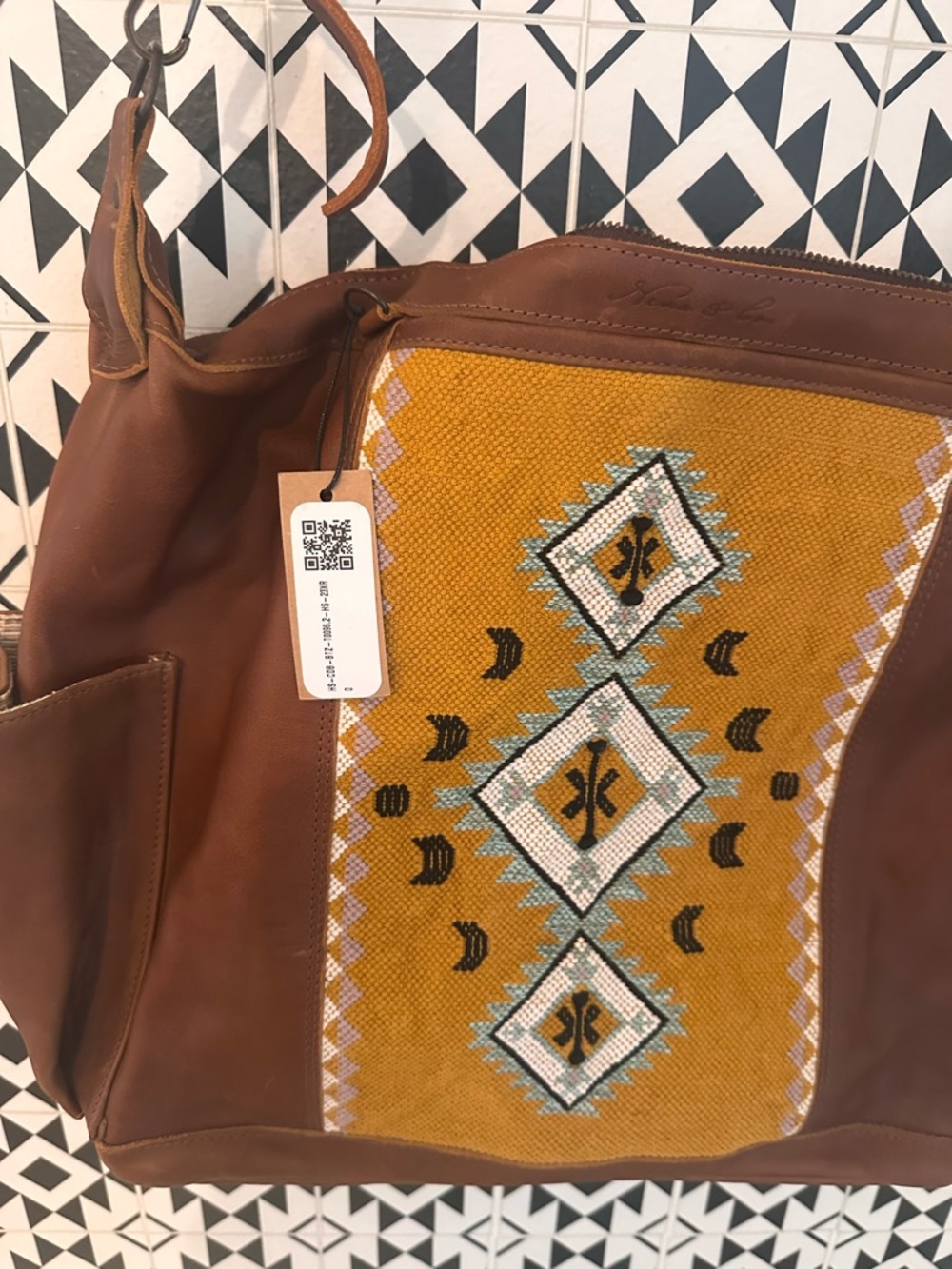 Nena & Co. Brown Leather Shoulder Bag with Mustard Embroidered Panel - Picture 2 of 6